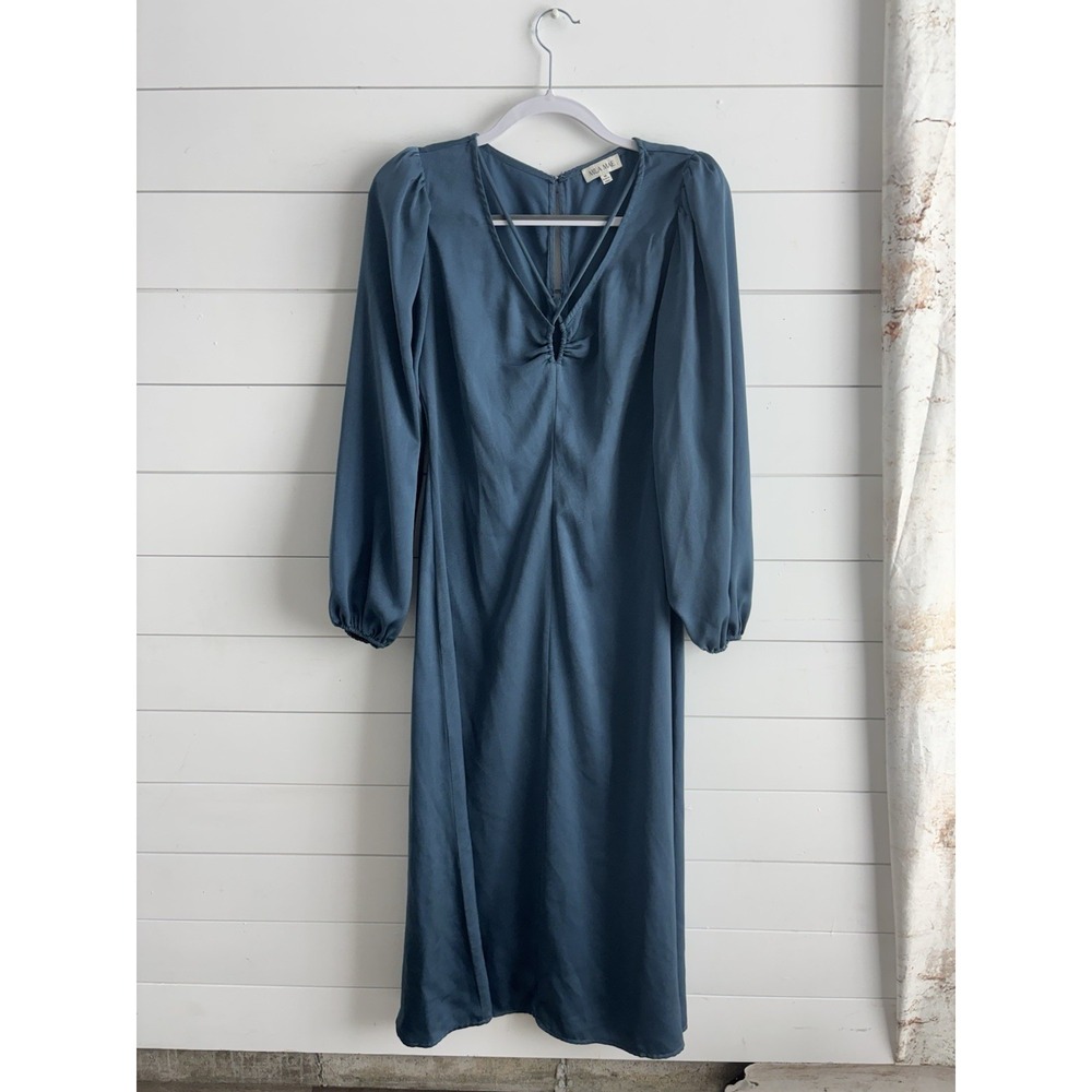 Blue Satin dress Tie Neck Long Sleeve Midi Medium 0650